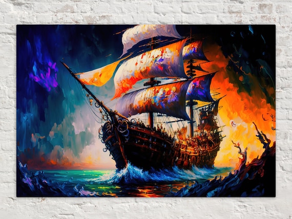 Haunted Pirate Ship Dark Waters Fiery Orange Sky Ghost Galleon Poster
