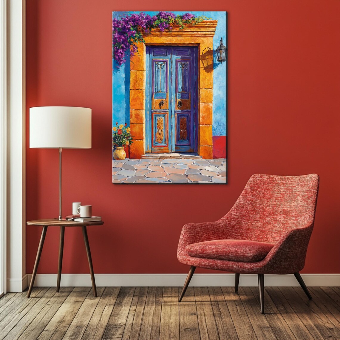 Vibrant Cobalt Blue Mexican Door Bougainvillea Lantern Courtyard Art Poster - Image 3