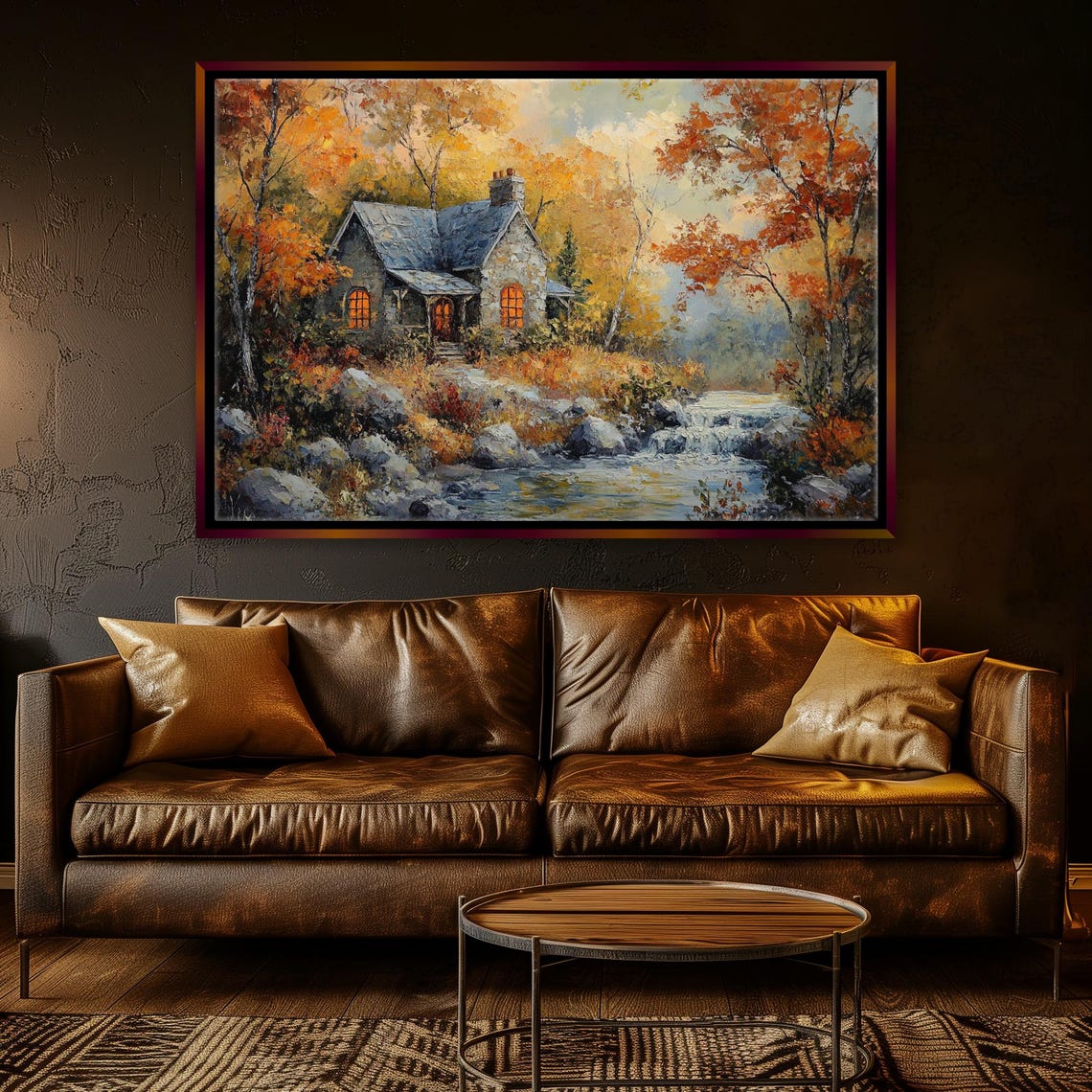 Quaint Stone Cottage Autumn Fall Landscape Stream Warm Glow Wall Art - Image 3