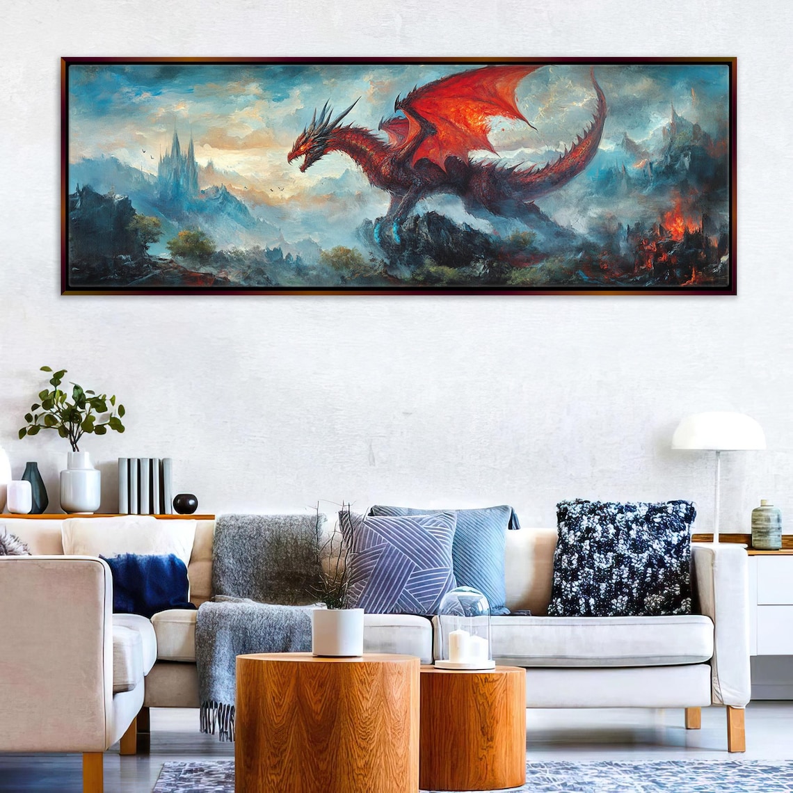 Red Dragon Over Burning Fantasy Kingdom Castle Gothic Panoramic Art Poster - Image 4