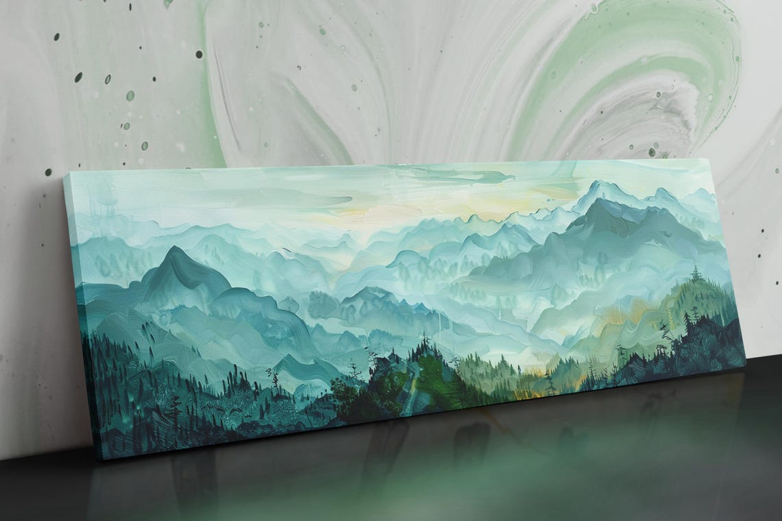 Misty Green Blue Mountain Ranges Soft Watercolor Panoramic Wall Art - Image 5