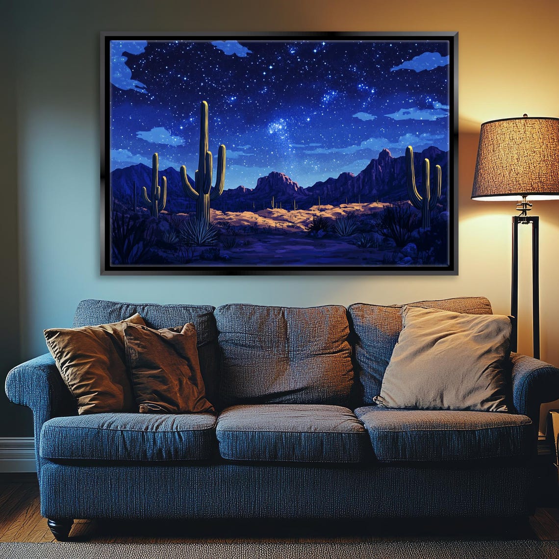 Sonoran Desert Night Starry Sky Saguaro Cactus Landscape Art Poster