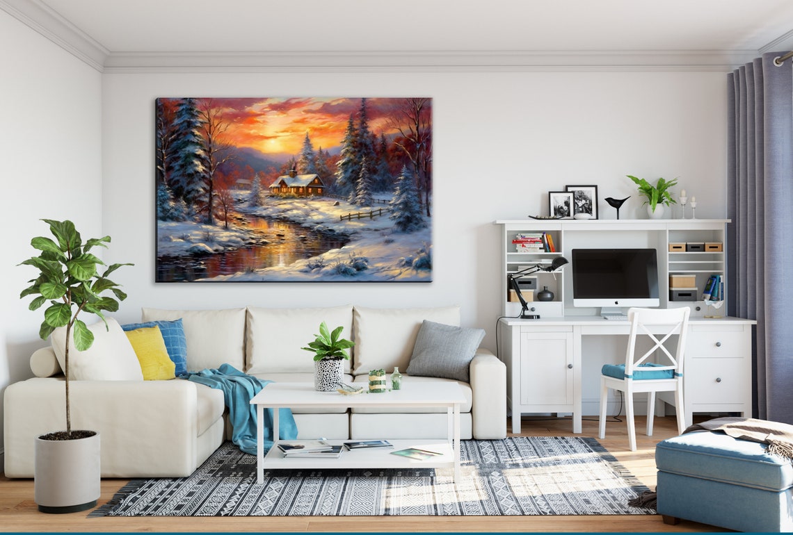 Winter Cabin Sunset Snowy Pines Stream Glowing Windows Cozy Art Print - Image 3