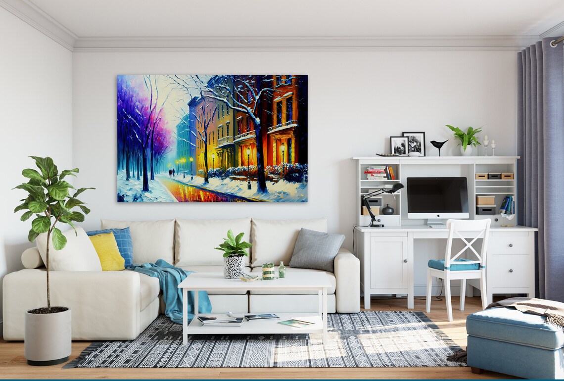 Winter Snowy City Street Brownstone Houses Lamp Glow Evening Poster - Image 2