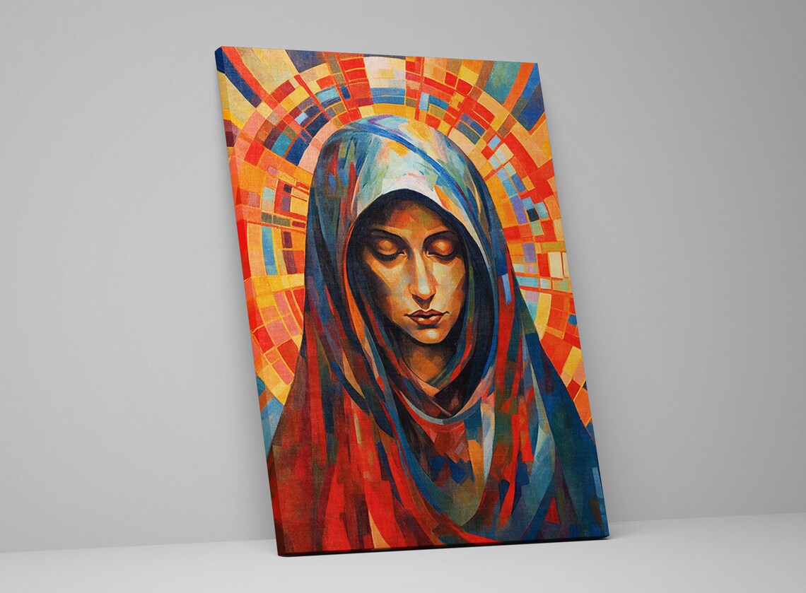 Virgin Mary Stained Glass Style Portrait Halo Religious Wall Art Print - Image 4