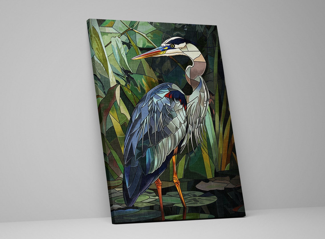 Great Blue Heron Stained Glass Green Reeds Wildlife Art Poster - Image 5