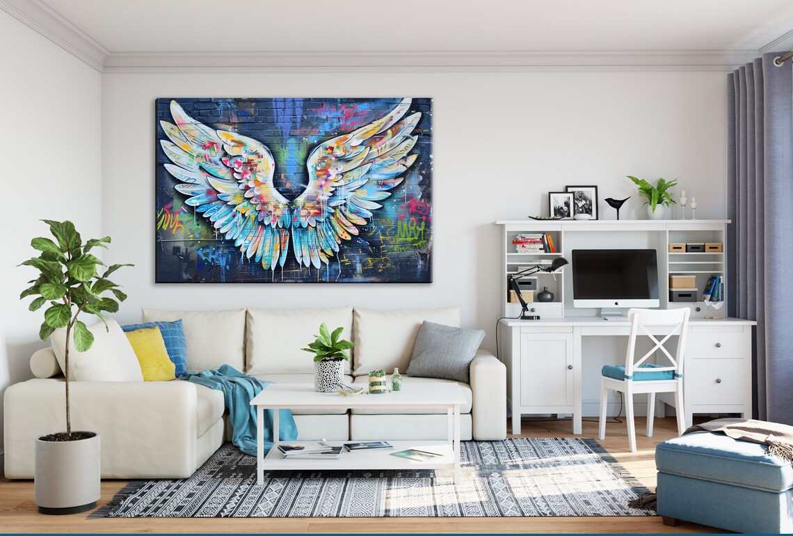 Colorful Graffiti Angel Wings Urban Brick Wall Street Art Print - Image 2