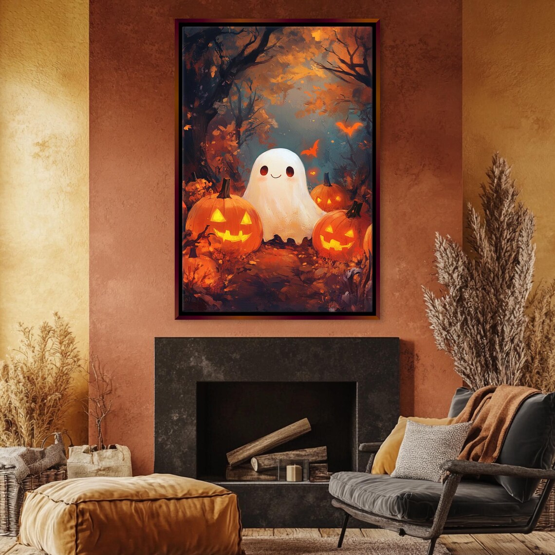 Cute Ghost With Jack O Lanterns Autumn Forest Night Halloween Art Poster - Image 3