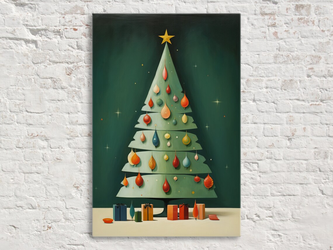 Retro Mid Century Christmas Tree Teardrop Ornaments Night Art Poster