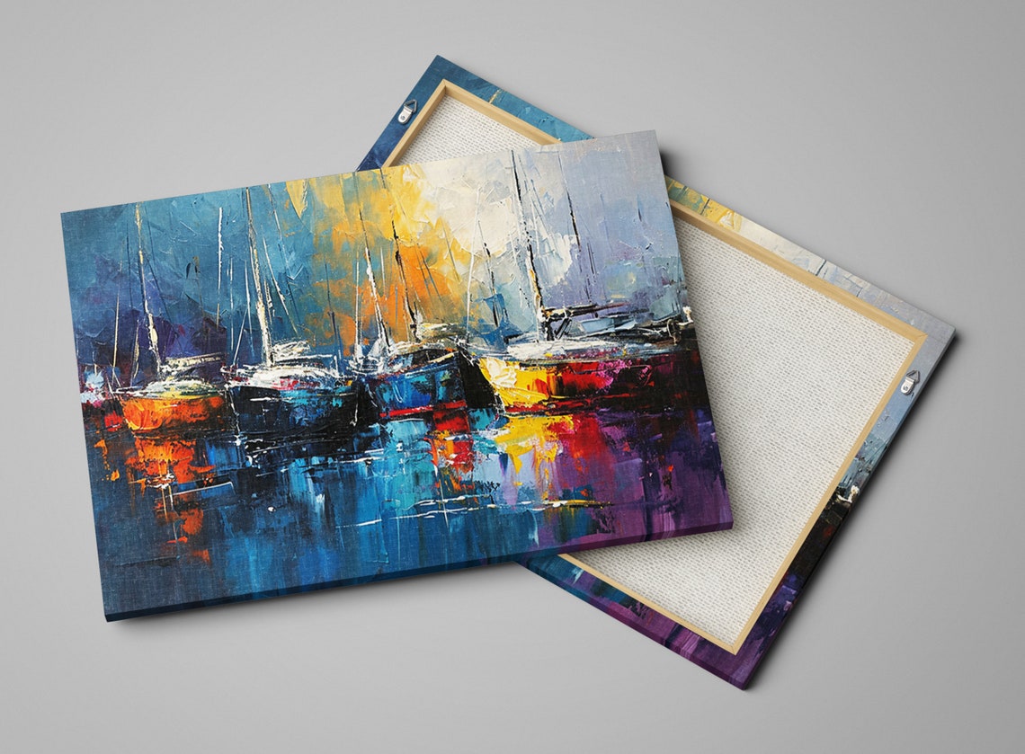 Sailboats Docked Harbor Blue Orange Impressionist Reflection Poster - Image 4