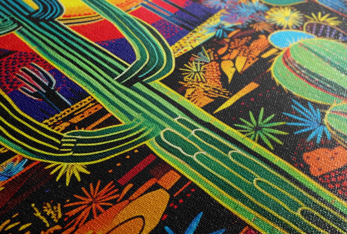 Neon Desert Sunset Giant Saguaro Colorful Cactus Wildflowers Poster - Image 3