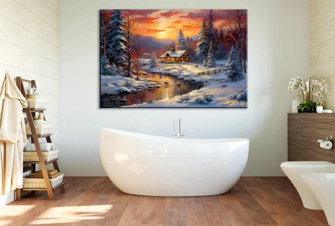 Winter Cabin Sunset Snowy Pines Stream Glowing Windows Cozy Art Print - Image 2