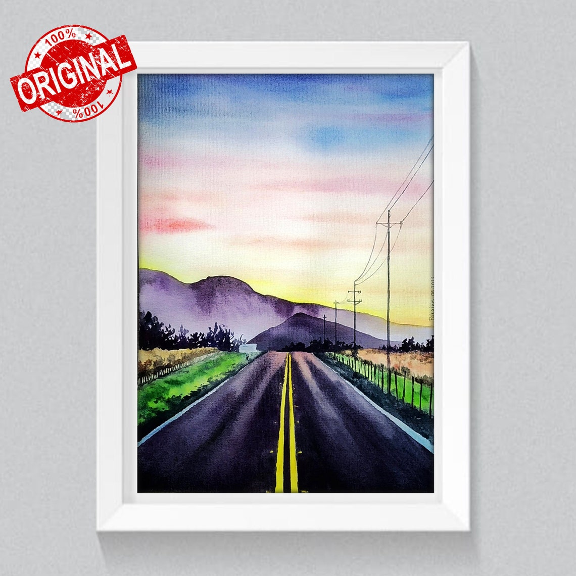 Open Road To Mountains Watercolor Poster Golden Sunset Drive - Image 5