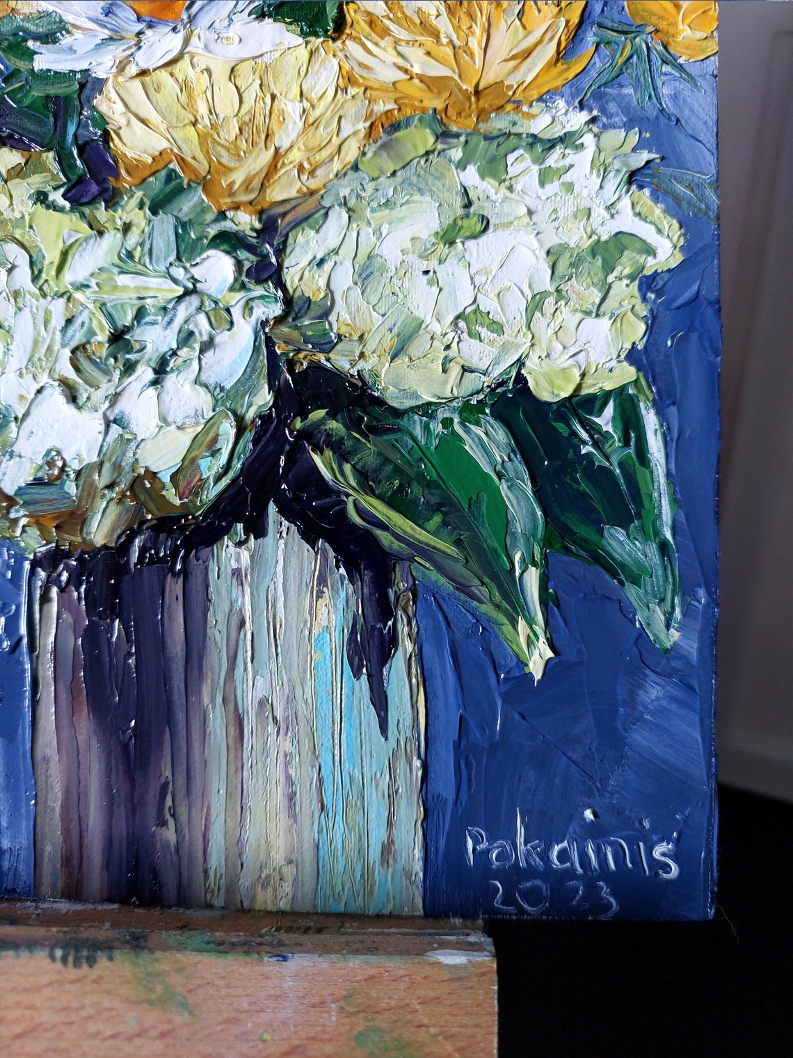 White Hydrangea and Daisy Bouquet Impasto Oil Floral Art Poster - Image 5