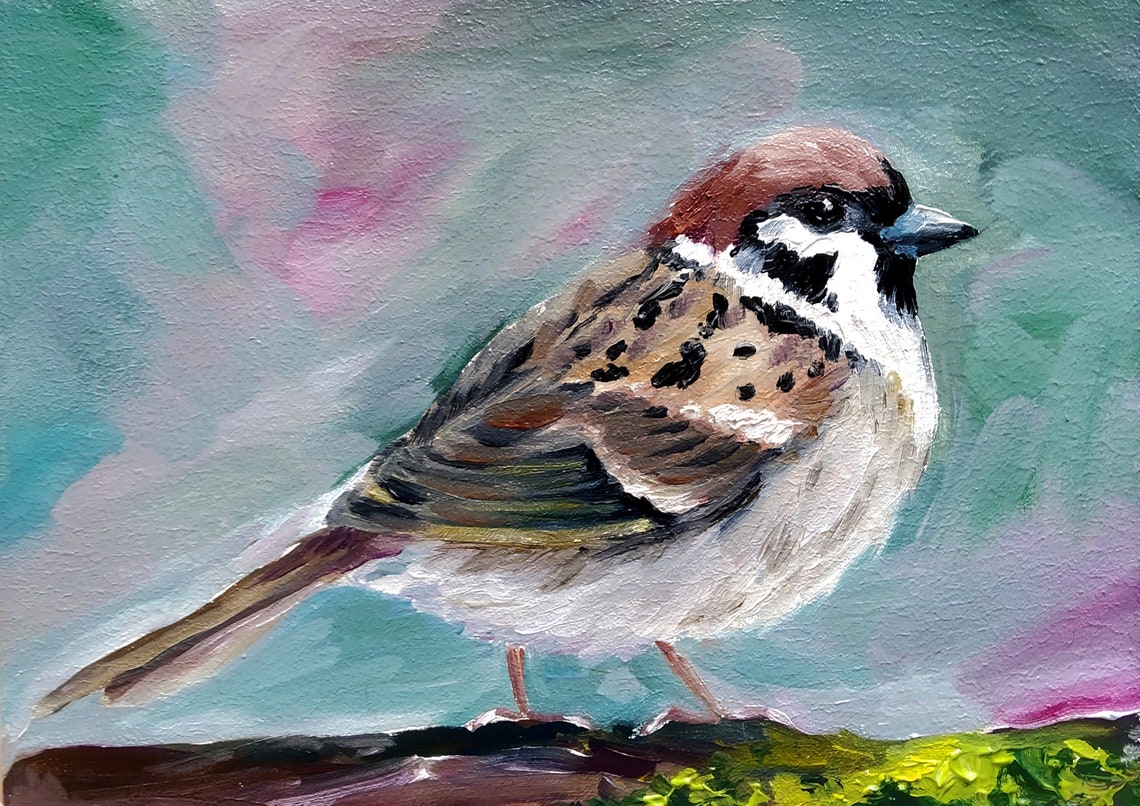 Eurasian Tree Sparrow Perched on Branch Original Oil Bird Poster