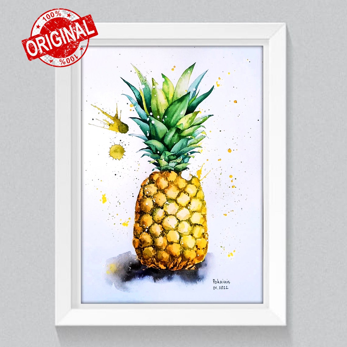 Ripe Tropical Pineapple Splash Paint Watercolor Kitchen Poster - Image 2