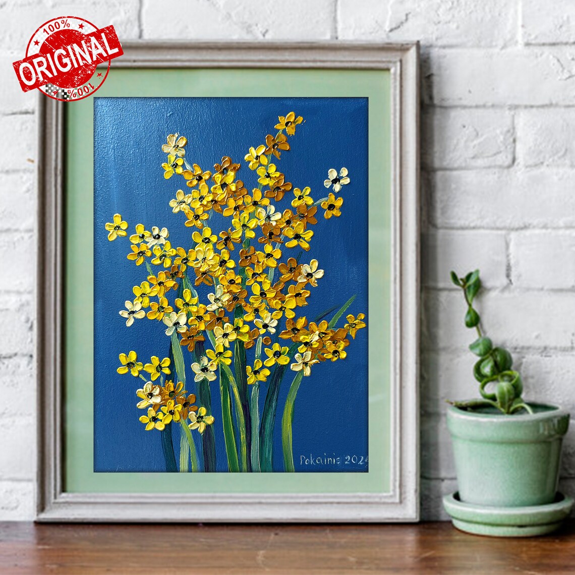 Yellow Wildflowers Impasto Oil Painting Poster On Navy Background - Image 2