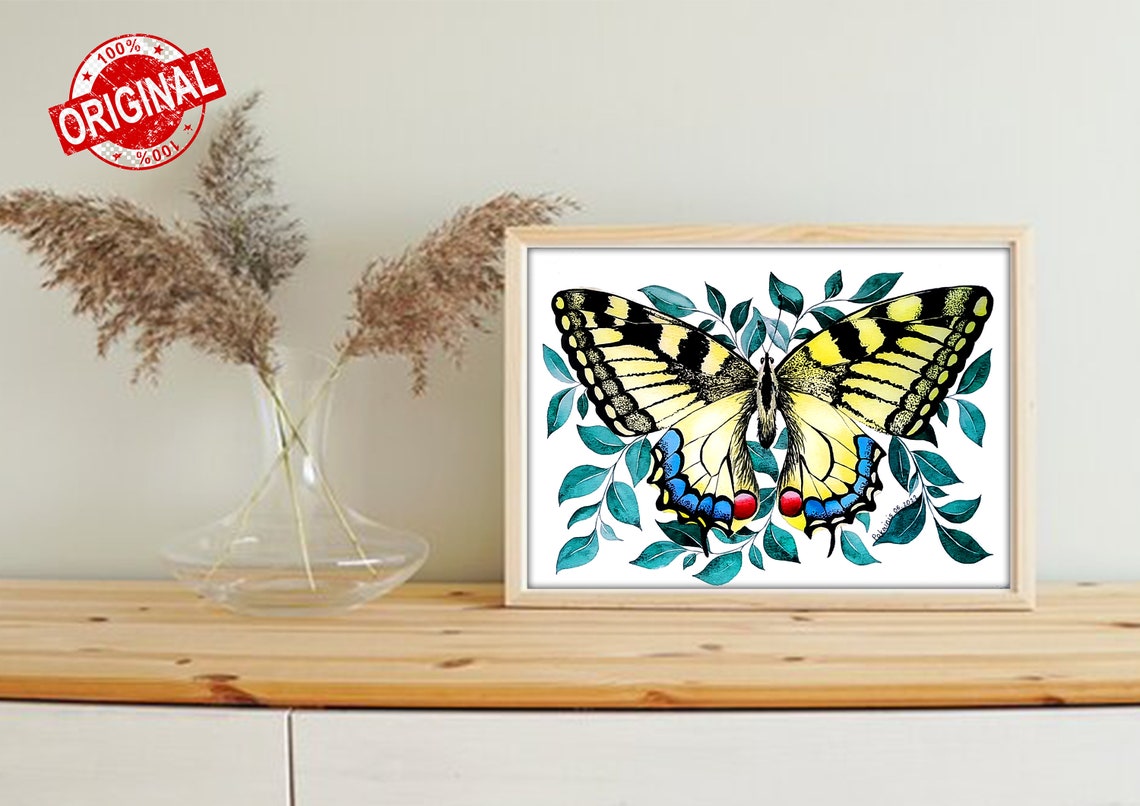 Butterfly Original Watercolor Painting Monarch Butterfly Ornament Botanical Wall Art Bug Painting Floral Still Life Garden Fine Art - Image 2