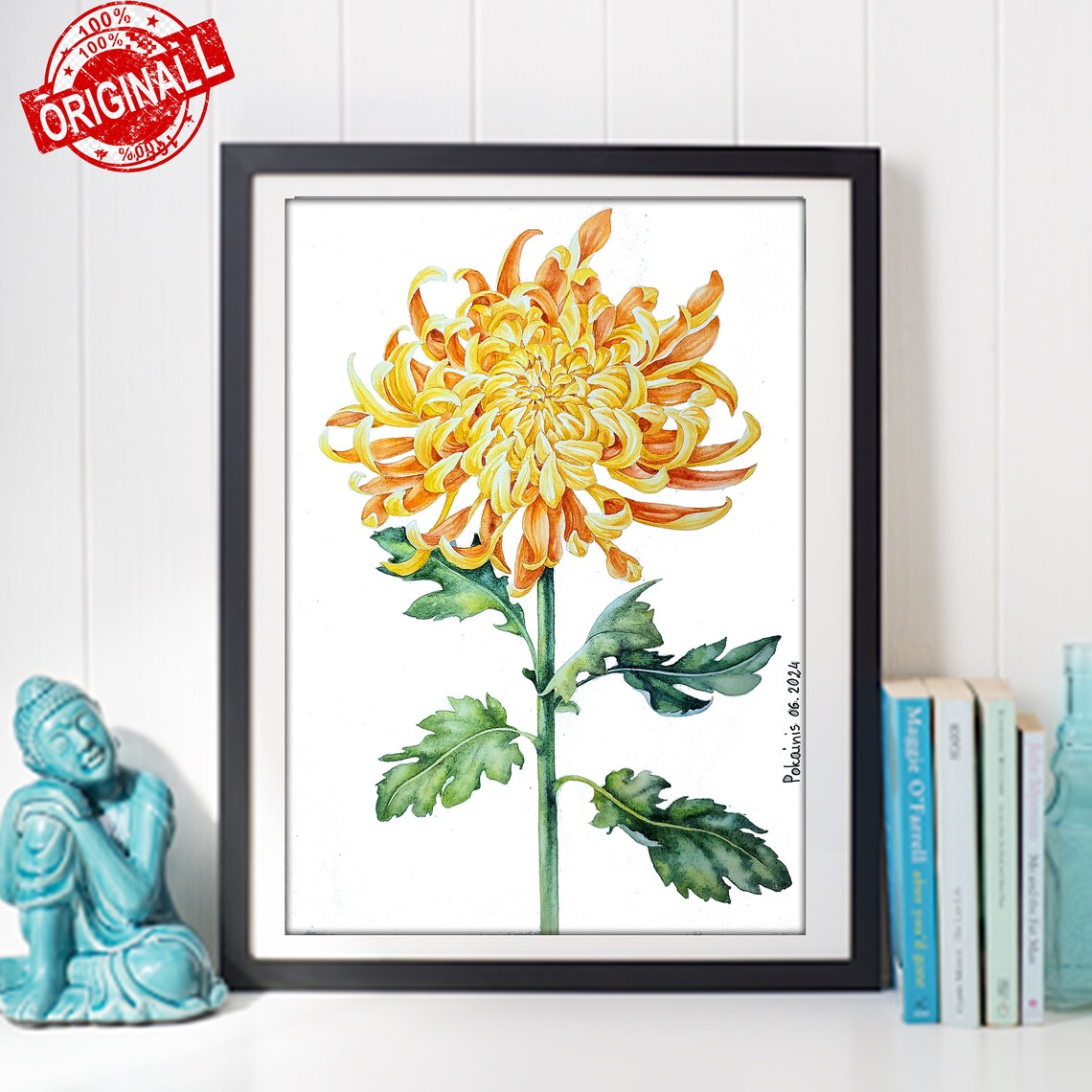 Yellow Spider Chrysanthemum Flower Watercolor Botanical Wall Art - Image 3
