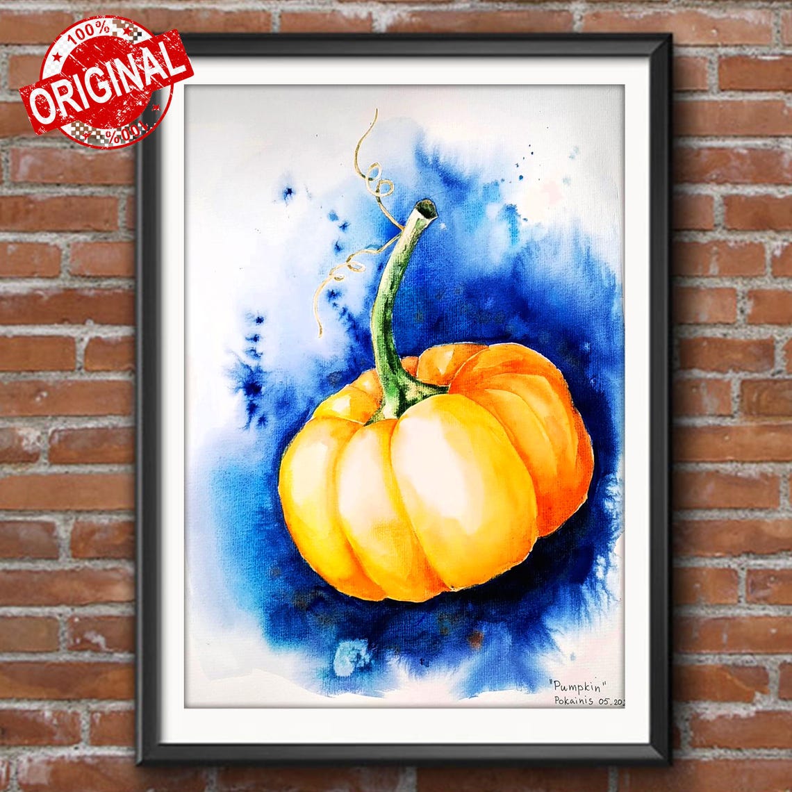Single Glowing Orange Pumpkin on Blue Watercolor Still Life Poster - Image 2