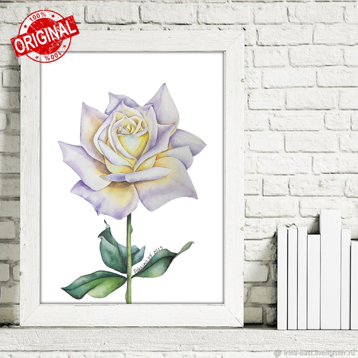 Cream Yellow Rose Watercolor Poster With Lavender Petal Edges - Image 5