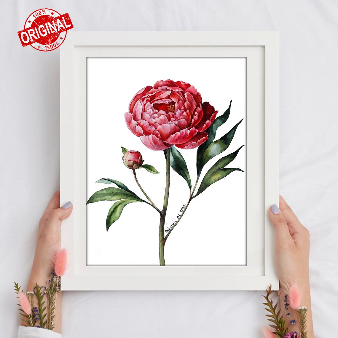 Coral Peony with Bud Watercolor Romantic Flower Botanical Poster - Image 2