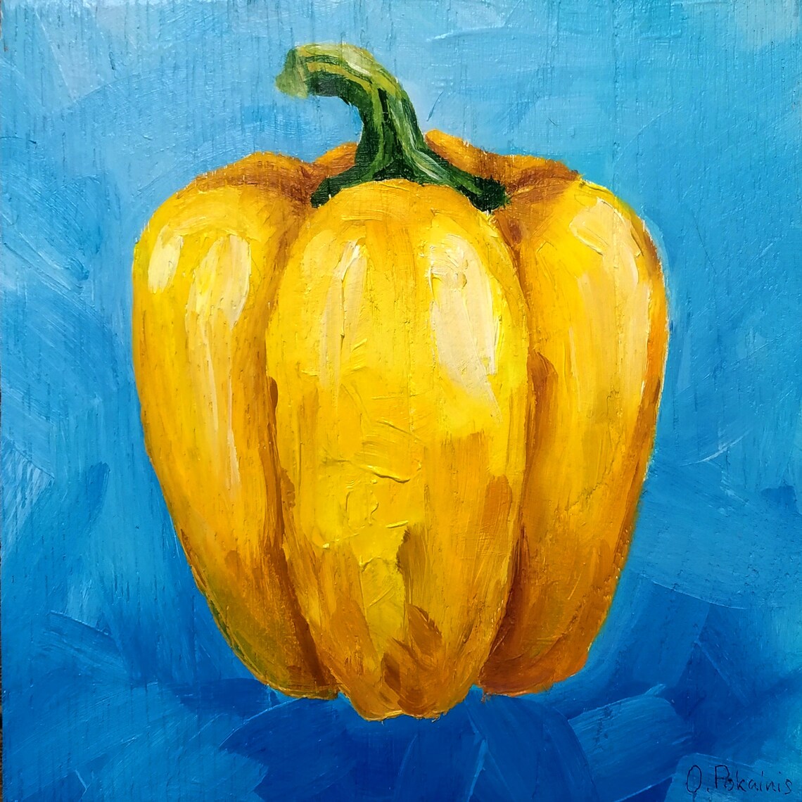 Yellow Bell Pepper Impasto Oil Painting Bright Blue Kitchen Poster