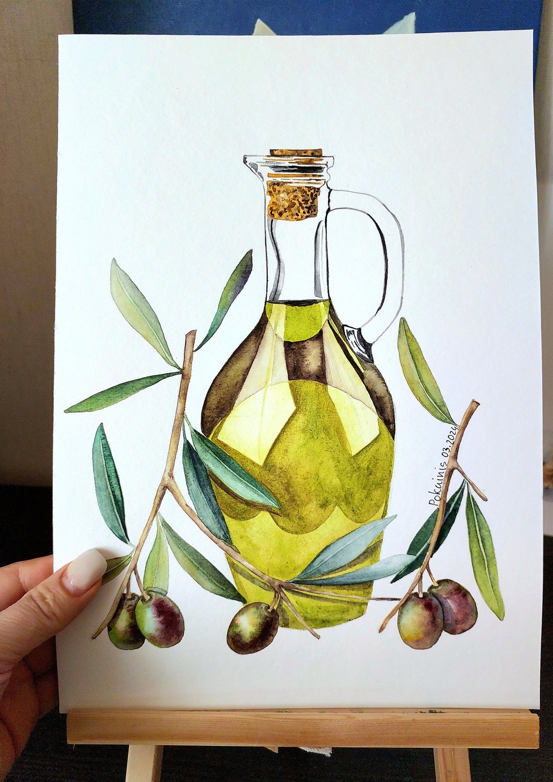 Olive Oil Bottle with Olive Branches Watercolor Kitchen Poster - Image 5