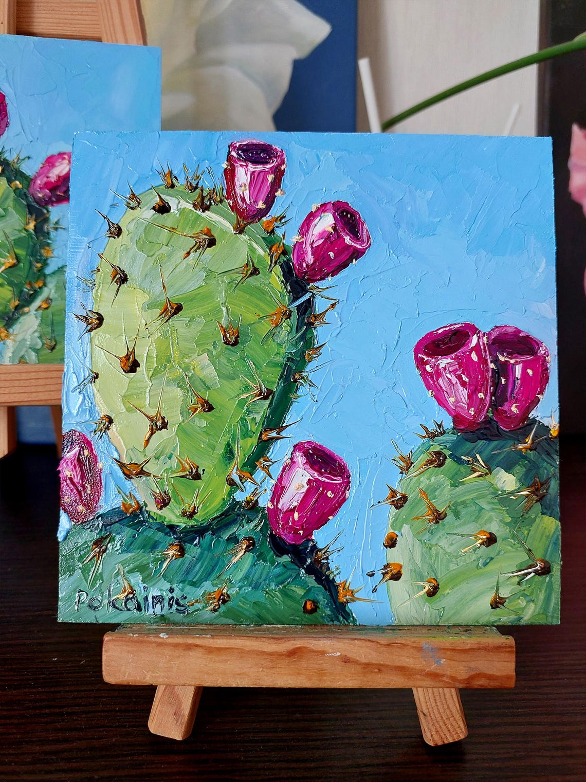 Prickly Pear Oil Painting Poster Magenta Fruit Buds Blue Sky - Image 5