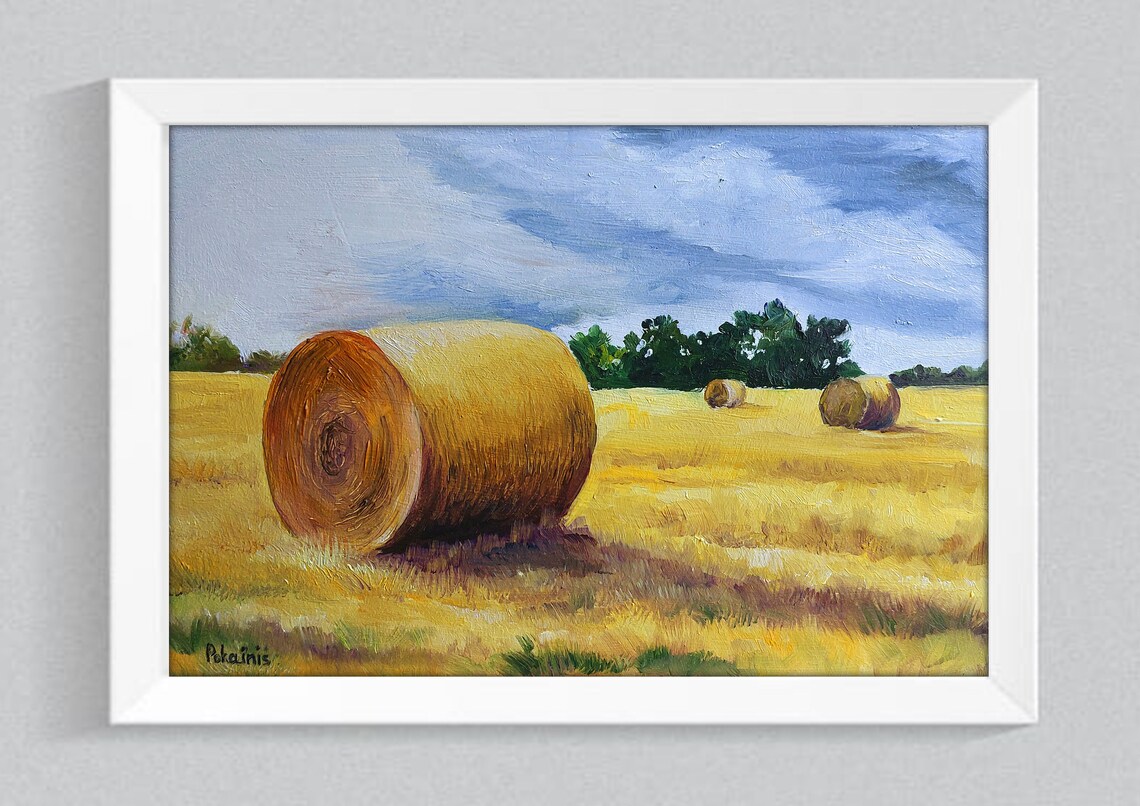 Hay Bales in Golden Wheat Field Oil Painting Farm Scene Poster - Image 2
