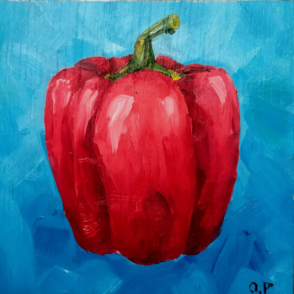 Red Bell Pepper Impasto Oil Painting Bold Blue Kitchen Poster