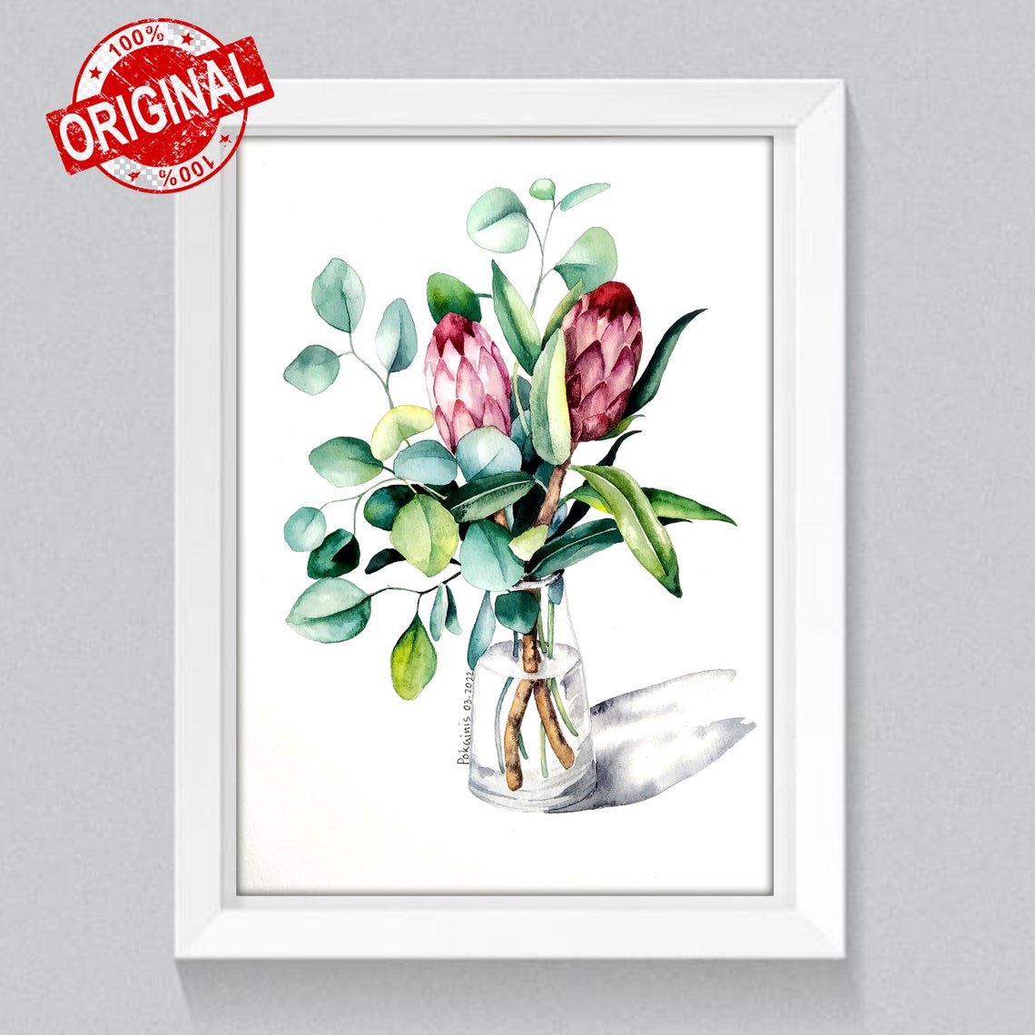 Pink Protea Watercolor Poster With Eucalyptus In A Glass Vase - Image 5
