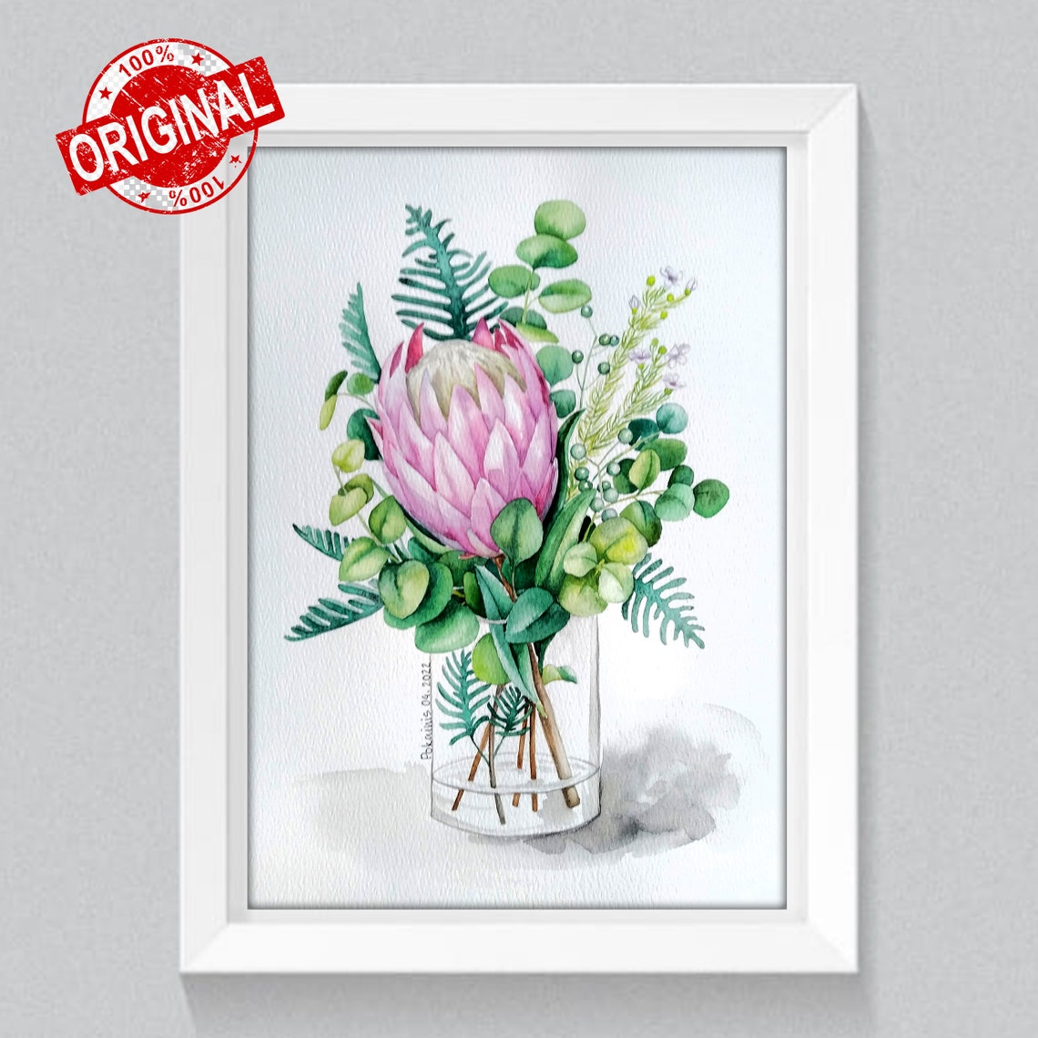 Pink King Protea Watercolor Poster In Glass Vase With Greenery - Image 5
