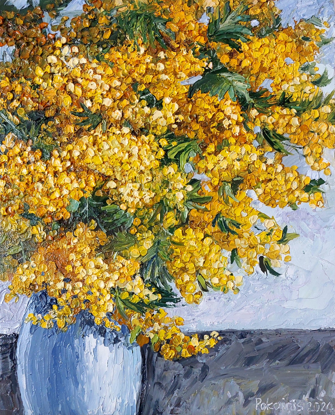 Mimosa Bouquet Cloud in White Vase Impasto Oil Floral Poster