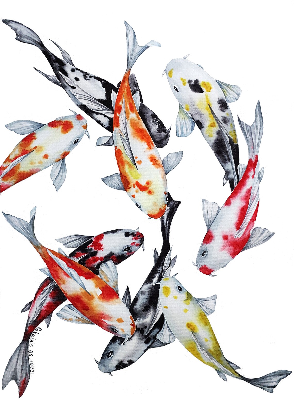 Nine Koi Fish Abstract Watercolor Art Print, Contemporary
