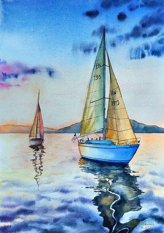 Original Watercolor Painting Rowboat Wall Art Sunset Painting Sailboat Wall Art Ship Painting Custom Painting From Phpto Boat Painting