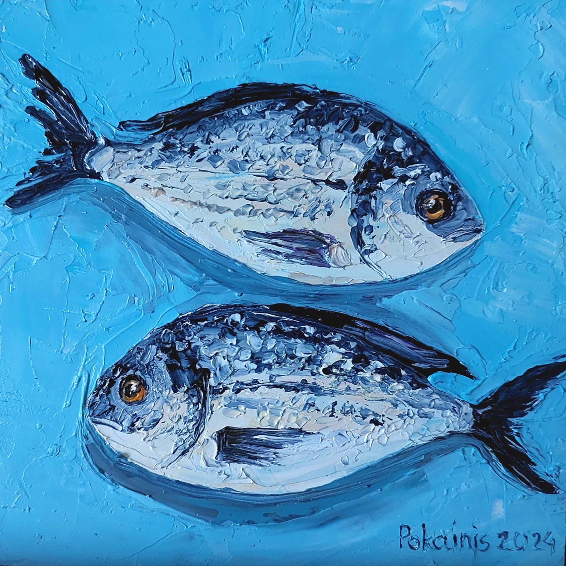 Fish Original Oil Painting Small Impasto Still Life Artwork Kitchen Fine Art Fish Wall Art Tiny Oil Painting Sardines Original Artwork