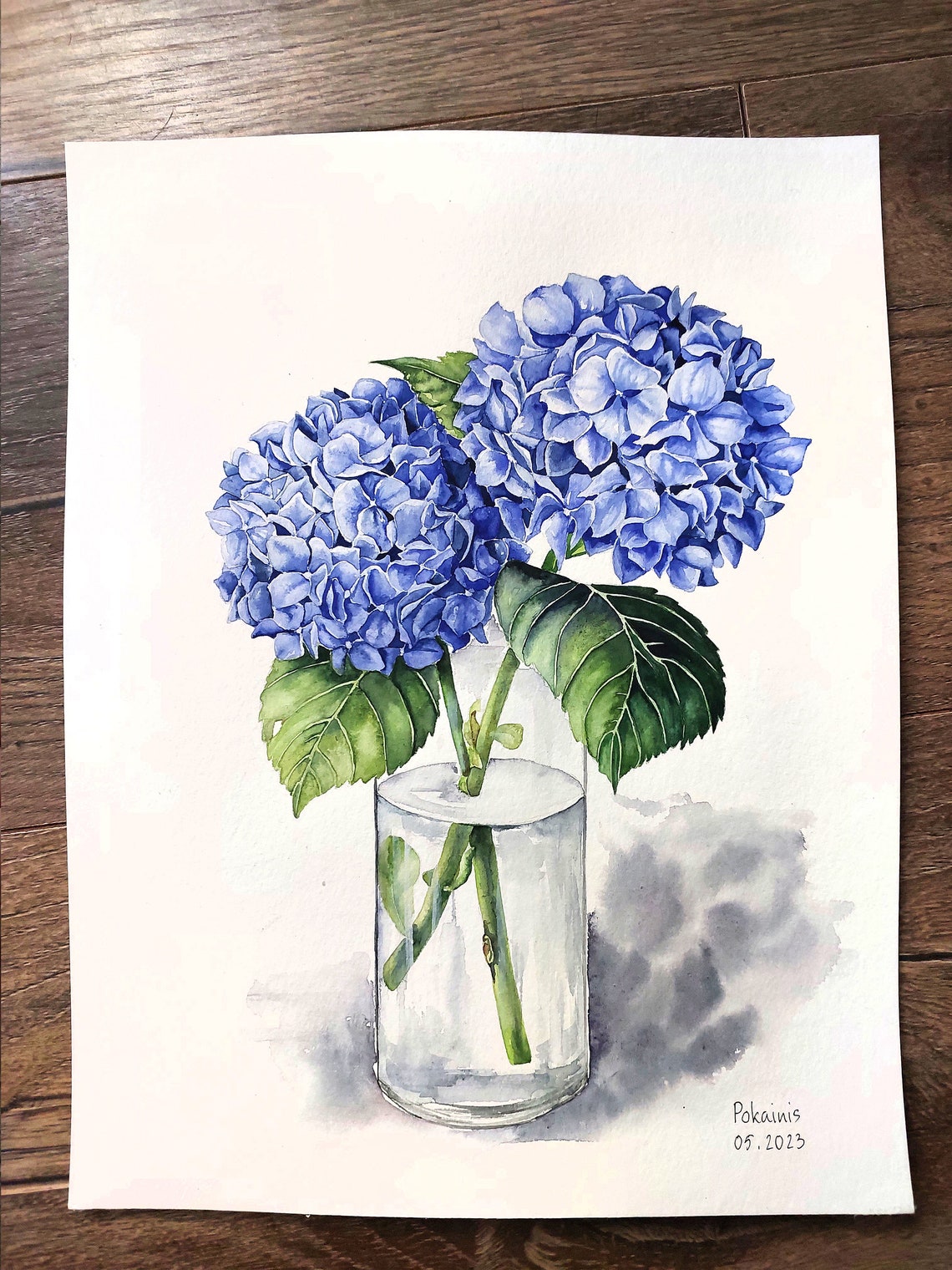 Blue Hydrangea Blossoms in Glass Vase Watercolor Floral Poster - Image 4