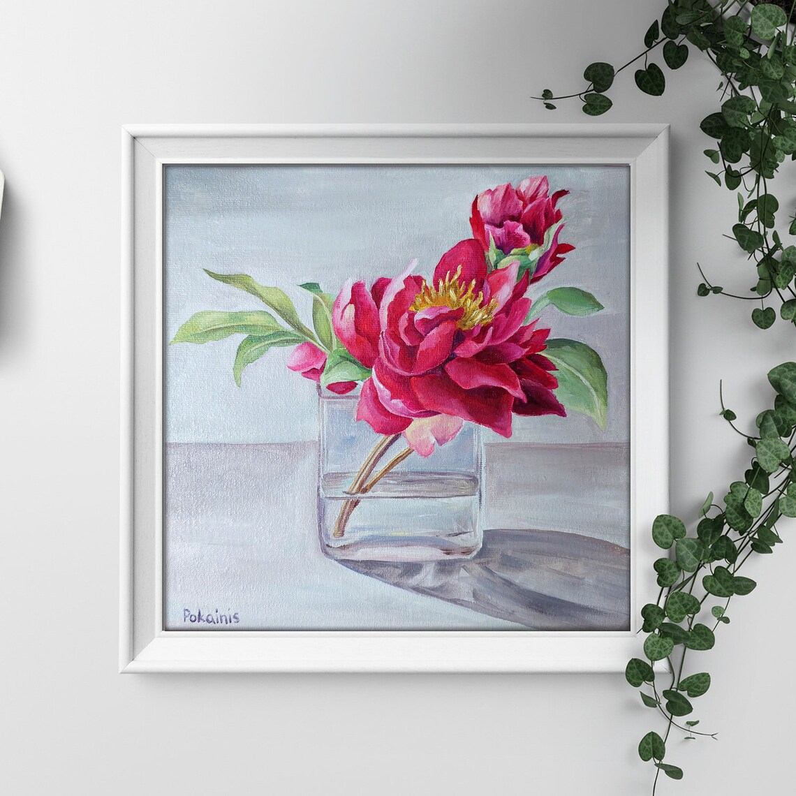 Red Peonies in Clear Glass Vase Oil Floral Still Life Poster - Image 3