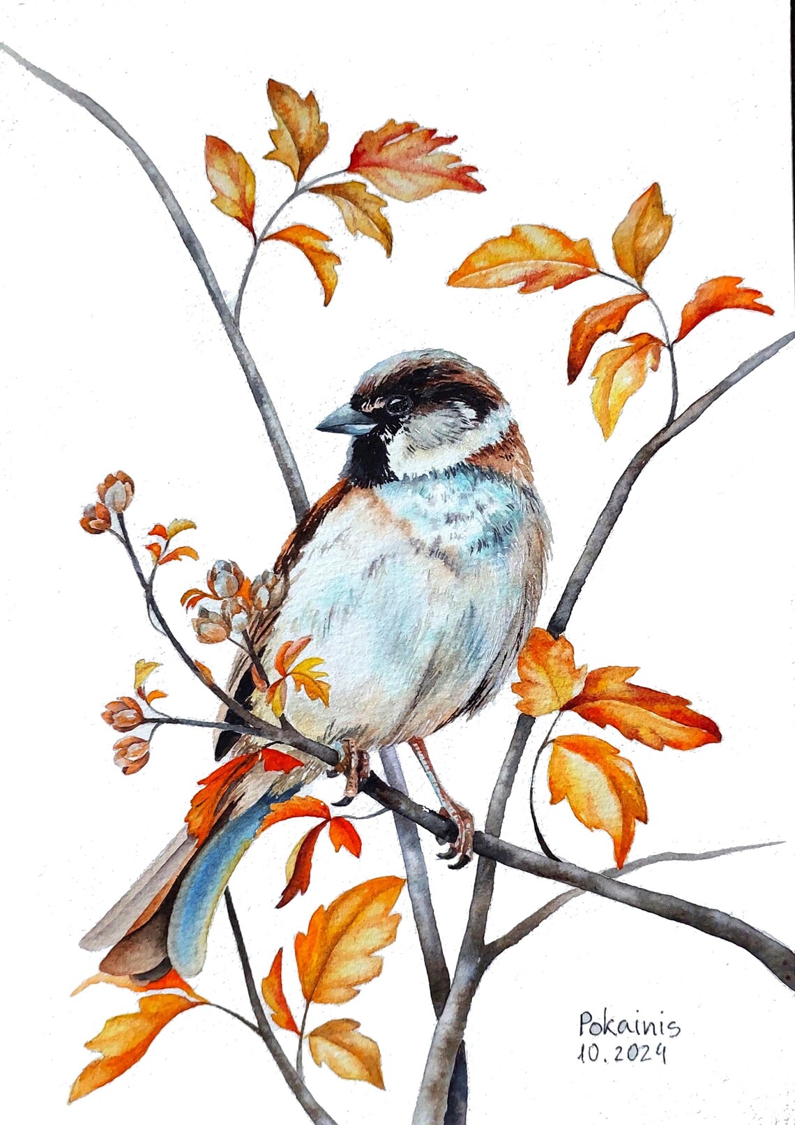 House Sparrow Among Autumn Orange Leaves Watercolor Bird Poster