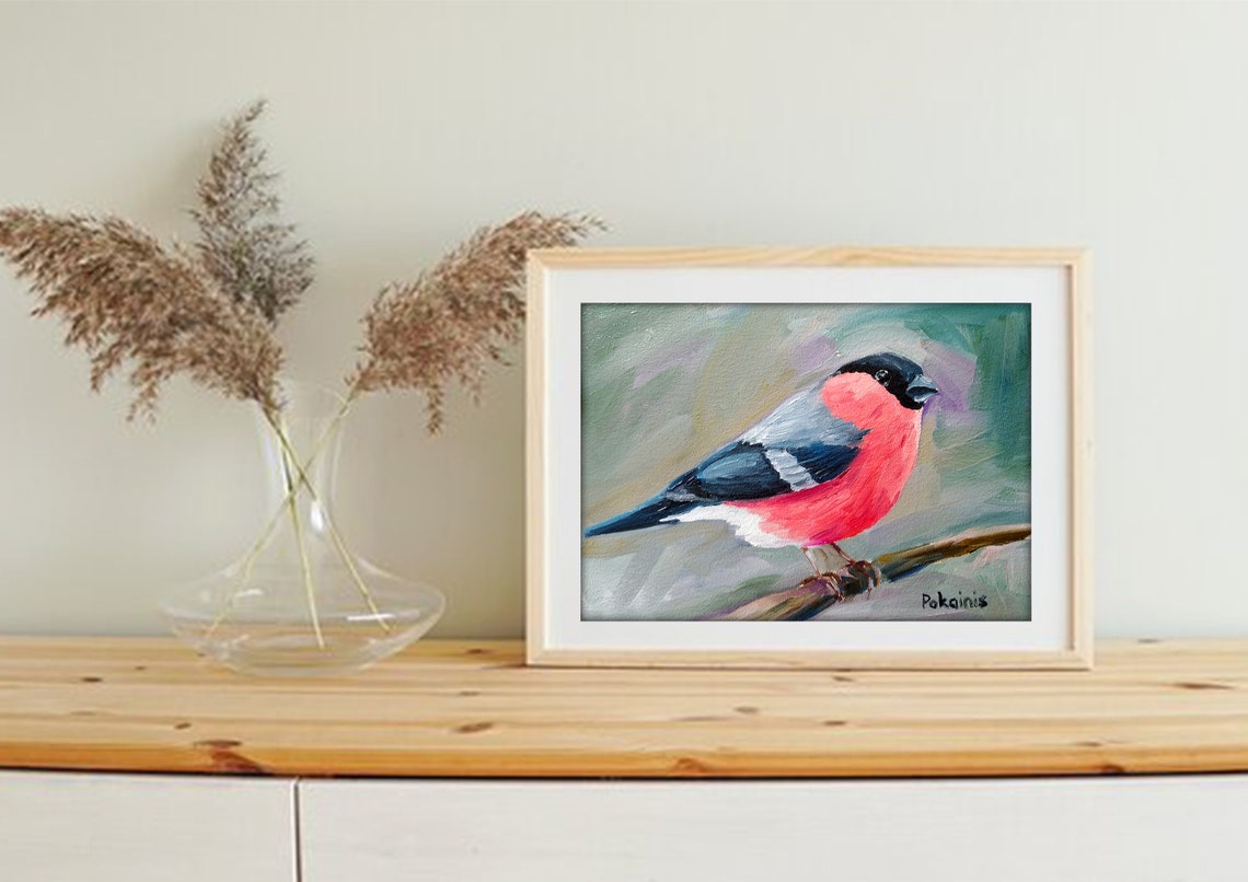 Eurasian Bullfinch on Winter Branch Original Oil Bird Poster - Image 4