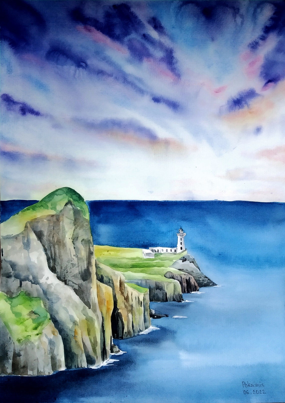 Seascape Original Watercolor Painting Landscape Wall Art Ocean Painting Lighthouse Fine Art Serene Wall Art Nature Art Coastal Artwork