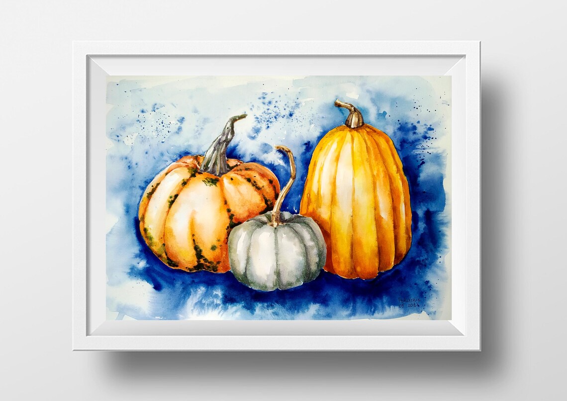 Three Pumpkins of Autumn Harvest Watercolor Still Life Poster - Image 4