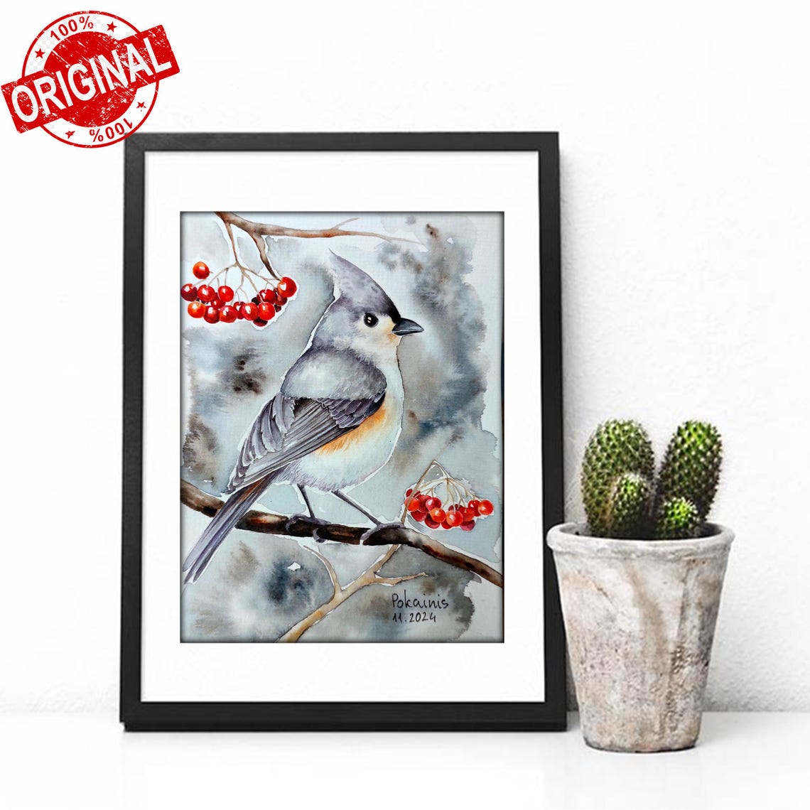 Tufted Titmouse on Berry Branch Watercolor Songbird Art Poster - Image 2
