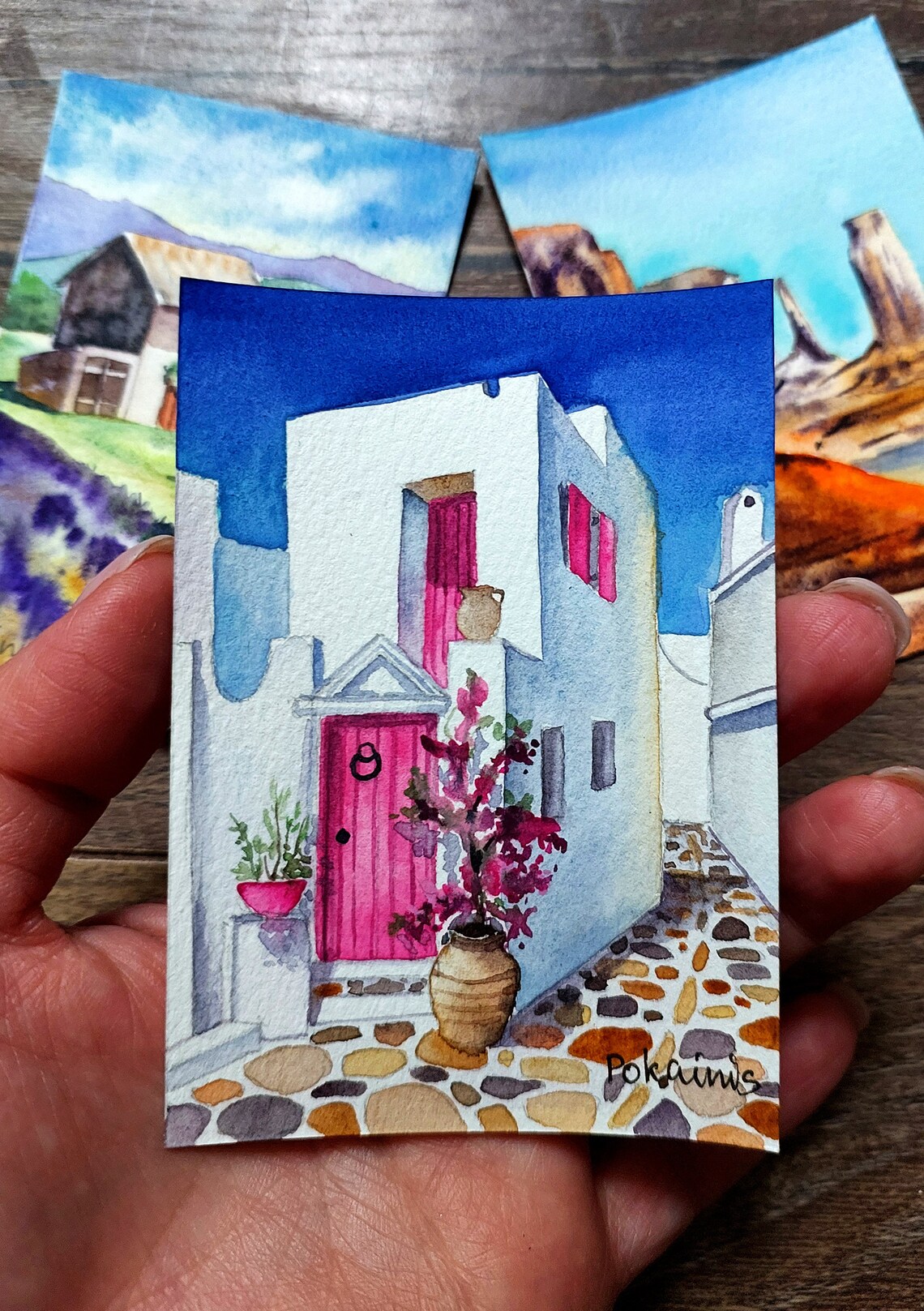 Santorini Greece Watercolor Landscape Art Print