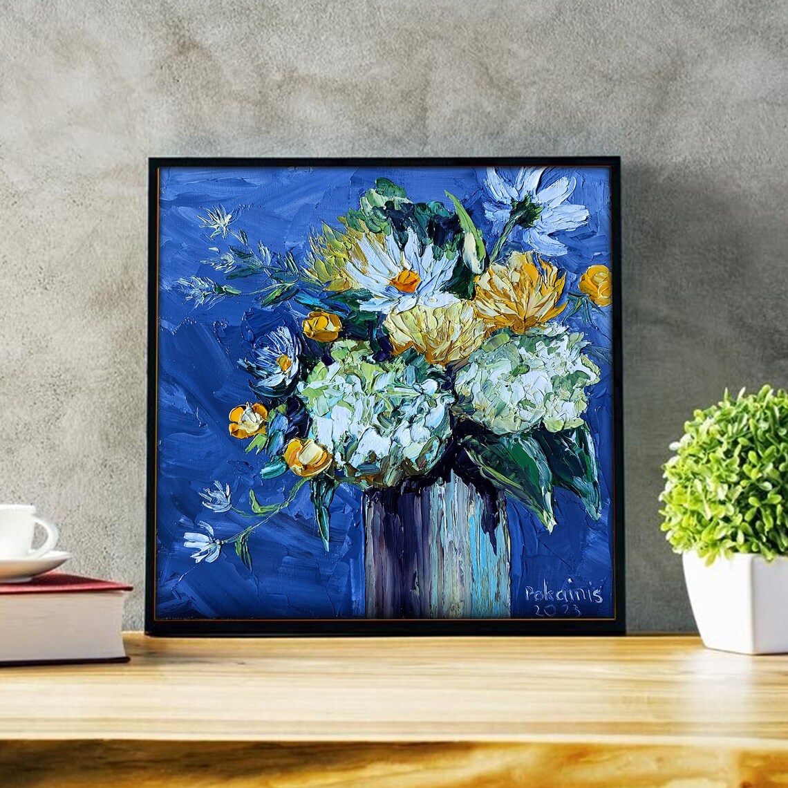 White Hydrangea and Daisy Bouquet Impasto Oil Floral Art Poster - Image 4