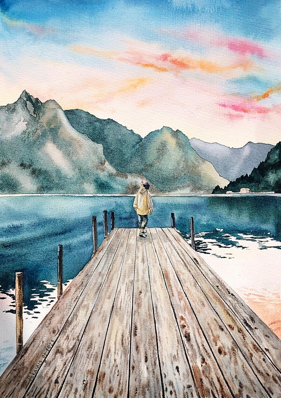 Original Watercolor Landscape Painting Painting From Photo Lake Mountain Wall Art Sunset Smoky Mountains Artwork Lake House Wall Decor