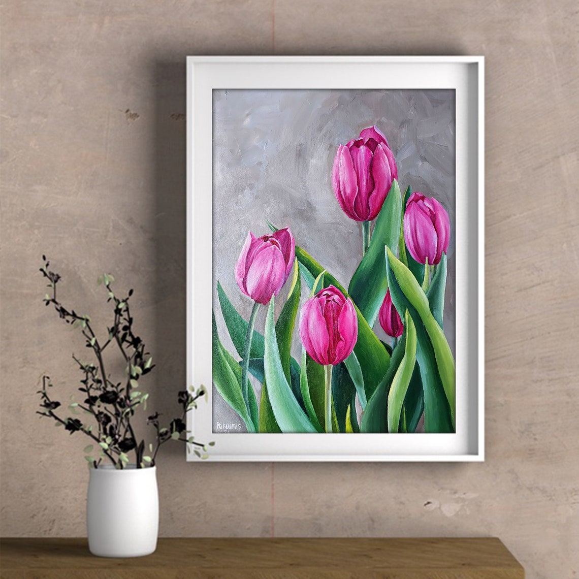 Pink Tulip Oil Painting Poster Fresh Blooms On Gray Background - Image 2
