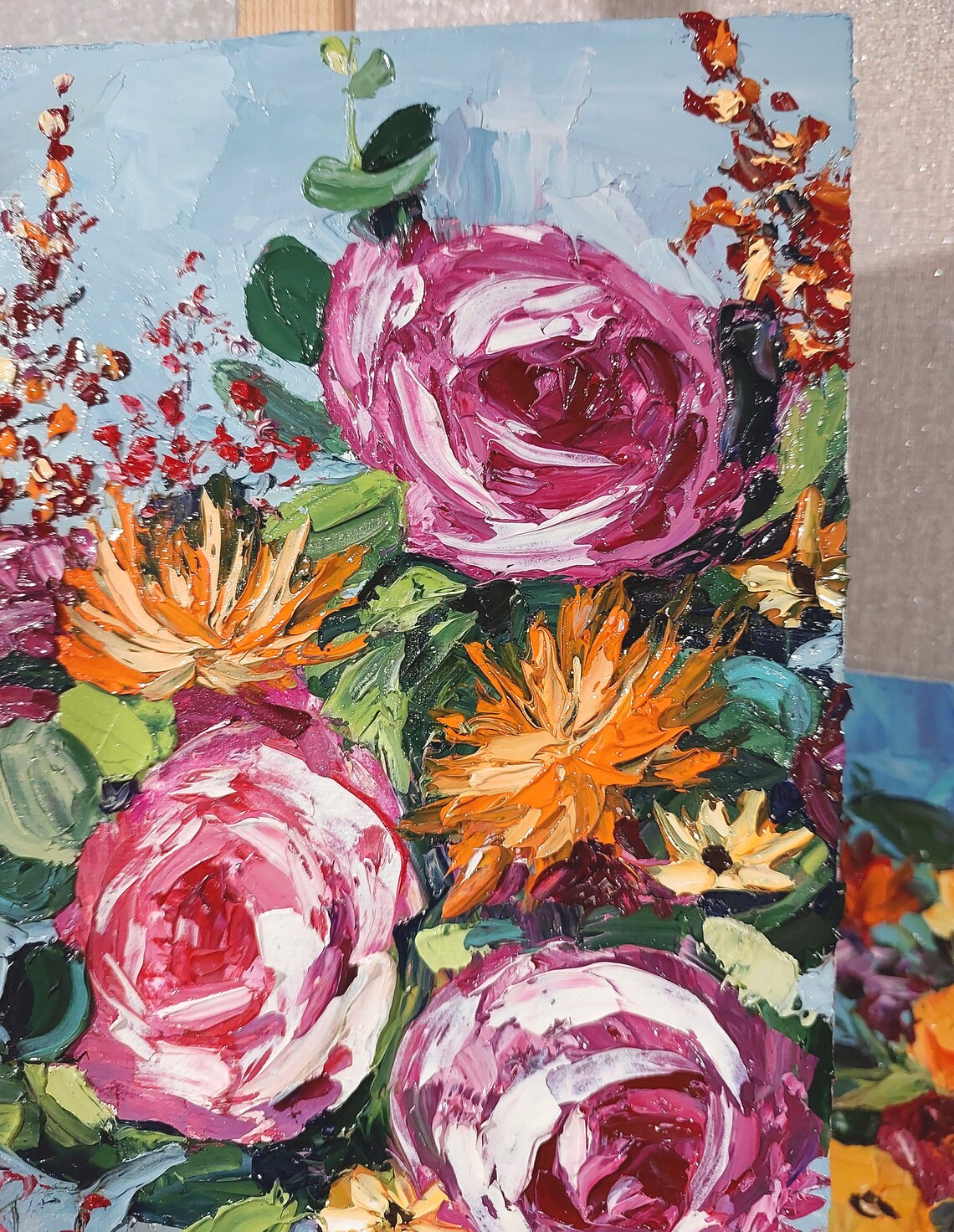 Pink Rose Bouquet Impasto Oil Painting Poster In Light Blue Vase - Image 5