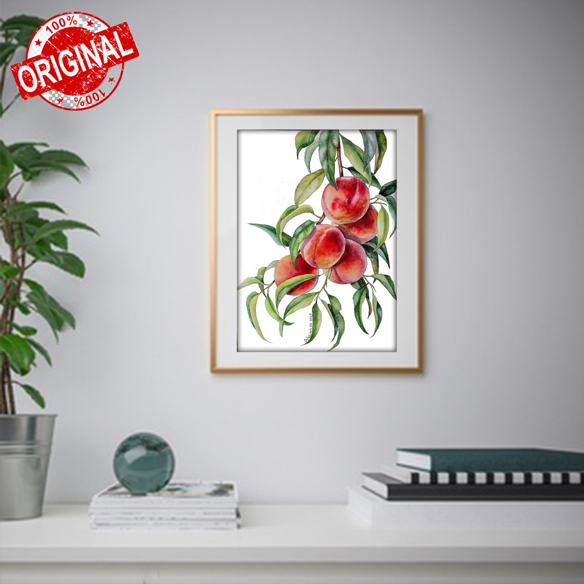 Ripe Blush Peaches Leafy Branch Soft Watercolor Botanical Poster - Image 2